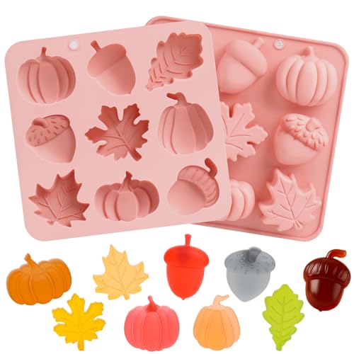 Image of 2 Pcs Thanksgiving Silicone Molds, Thanksgiving Chocolate Molds, Fall Pumpkin Maple Leaf Acorn Mold for DIY Cake, Chocolate, Candy, Jelly, Wax Melt, Ice Cubes