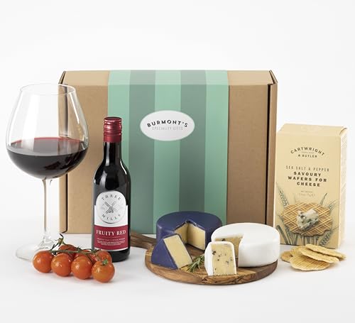 Snowdonia Cheese & Wine Hamper - Black Bomber & Green Thunder Extra Mature Cheddar - Three Mills Fruity Red Wine ABV 5% and Sea Salt Wafers - Hamper Exclusive To Burmonts