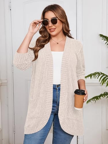 Image of BELAROI Women Plus Size Cardigan Sweater Fall Outfit | Open front long cardigan, lightweight sweater, versatile layering tops for fall winter, daily wear, outdoor, office clothes