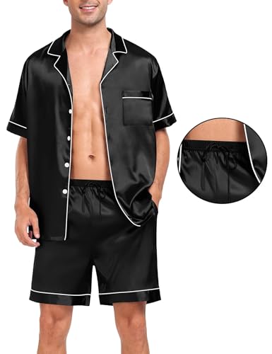 Image of SWOMOG Men Silk Pajama Set Short Sleeve Satin PJs Sets 2 Piece Button Down Sleepwear Soft Summer Loungewear with Pockets