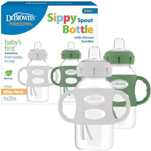 Dr. Brown's Wide-Neck Sippy Spout Bottle with Handles, Green & Gray, 2-Pack | Transition from nipple to sippy with the bottle baby loves, 100% silicone easy-grip handles and sippy spout, 9 oz, 6m+ - image 1