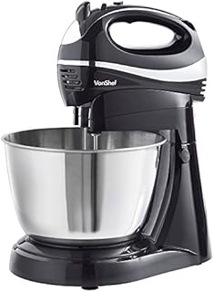 VonShef Hand and Stand Mixer Cake Mixer with Bowl and Stand 2 in 1, 300W, 3.5L Stainless Steel Bowl, 2 Beaters, 2 Dough Hooks & Balloon Whisk, Easy Clean, Turbo Boost, Eject Button, Compact Black