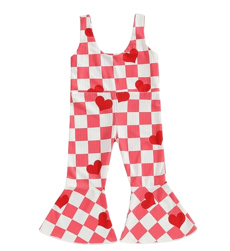 ZAXARRA Toddler Baby Girl Stripes Bell-Bottom Jumpsuit Romper Overalls Long Pants Outfits (4-5 Years, Plaid Love)