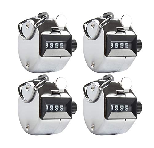 Aonal 4-pack Tally Counter Handheld - 4 Digit Number Lap Counter Manual Mechanical Clicker with Finger Ring Sliver