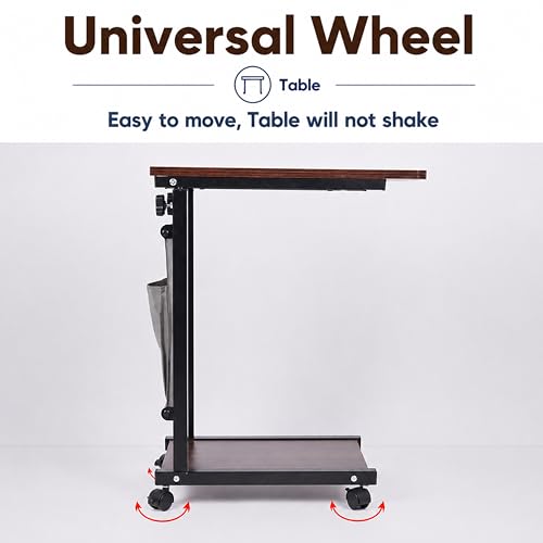 Image of ANT ESPORTS BRAVO CD500 (WALNUT) Adjustable Laptop Table with Wheels & Storage Pocket, 48x30cm Wooden Top,Height Adjustable 60-80cm Rolling Side Desk for Bed, Sofa, Study, Home Office & Work From Home