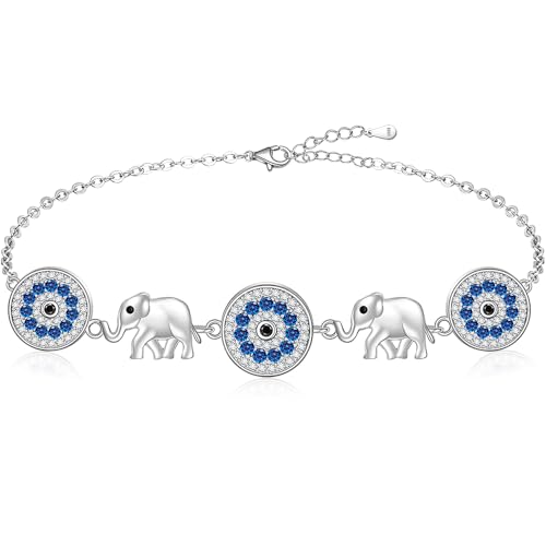 Evil Eye Bracelet Elephant Bracelet for Women Sterling Silver 925 Turkish Greek Big Blue Evil Eye Elephant Jewelry for Friendship