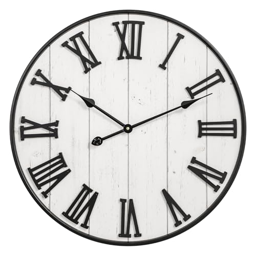 MODE HOME Large Rustic Wooden Wall Clock, 24 Inch Whitewashed Farmhouse Wall Clock with Carved Roman Numerals, Silent Battery Operated Round Vintage Clock for Living Room, Kitchen, Bedroom, Study Room