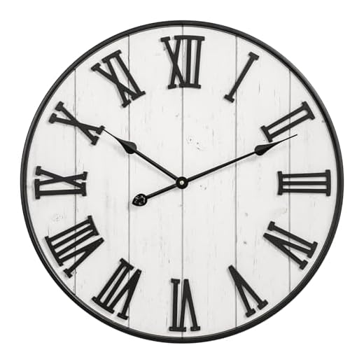 MODE HOME Large Rustic Wooden Wall Clock, 24 Inch Whitewashed Farmhouse Wall Clock with Carved Roman Numerals, Silent Battery Operated Round Vintage Clock for Living Room, Kitchen, Bedroom, Study Room