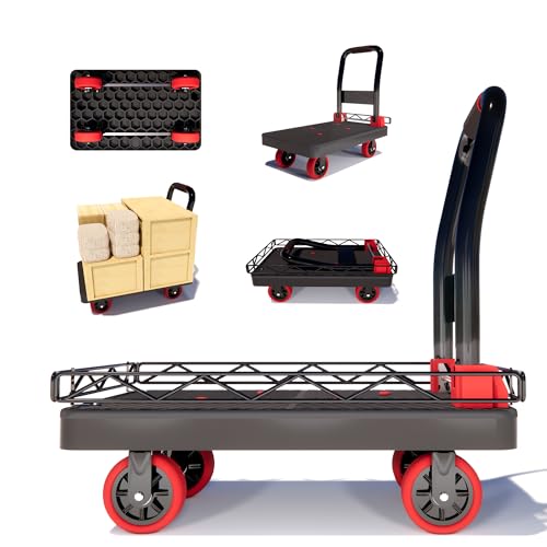 2IN1 Heavy Duty Platform Trucks Flatbed Carts, Push Cart Dolly 1760lbs Capacity Hand Trucks w/Detachable Solid Steel Wire Fence, 36Ã—24 Collapsible Cage Cart Dolly, 5-Inch Silent TPR Wheels