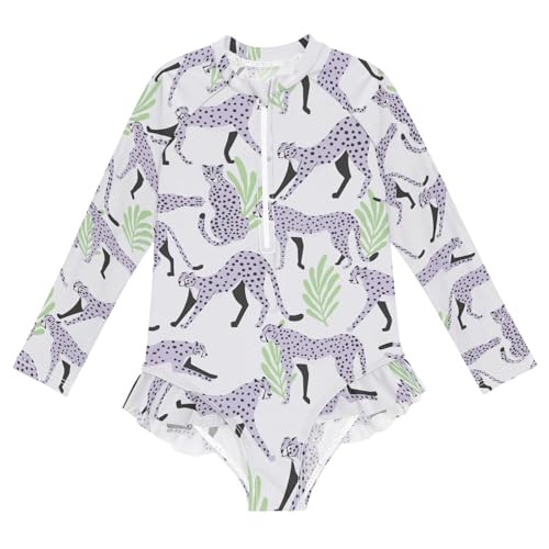 Ollabaky Baby Girls Long Sleeve Swimsuit Light Purples Cheetahs One Piece Bathing Suit Rash Guard UPF50+ Toddler Girl Swimwear, 9-10T