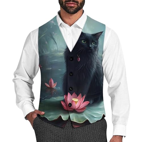 Black Cat Lily Lotuses Flowers Men's Suit Vests Business Formal Dress Vest V-Neck Waistcoat for Wedding Casual