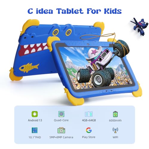 Image of C idea Tablet for Kids, 10 Inch Kids Tablet, Android 13 Child Tablets, 4GB RAM 64GB ROM, Learning Tablet for Children, 6000mAh, IWAWA Pre-Installed, Parental Control, Child Tablet for Boys, Girls-Blue