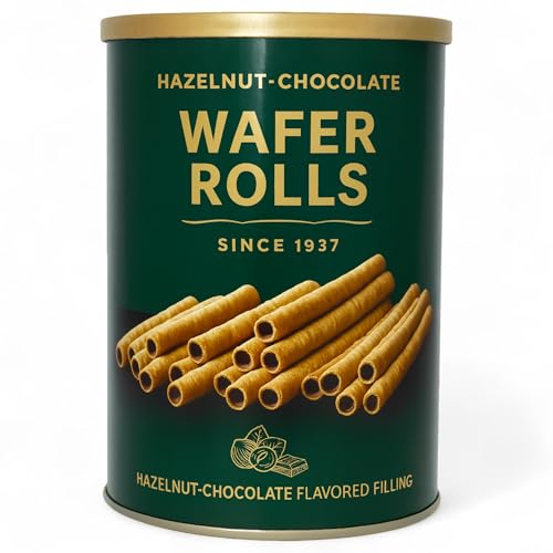 MIJOMA Waffelröllchen - Knusprige Waffelrollen mit feiner Cremefüllung - Premium-Snack nach traditionellem Rezept - Süßgebäck in Dose (400g Haselnuss-Schokolade)