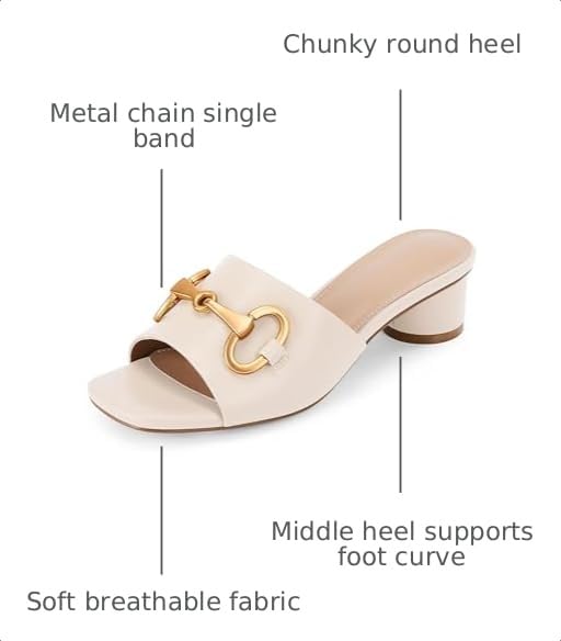 Image of Coutgo Womens Heeled Slides Sandals Square Open Toe Slip on Comfortable Kitten Block Low Heel Metal Chain Dressy Shoes
