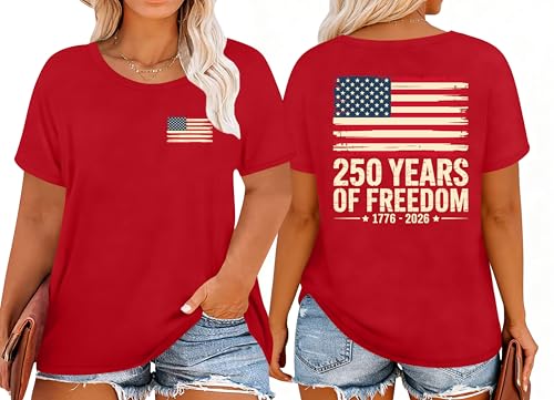 Image of Ithalt Patriotic Plus Size Shirts for Women 250th Anniversary USA Shirts American Flag Tshirt USA Short Sleeve Tops