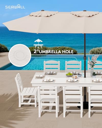 Image of SERWALL Outdoor 84 inch HDPE Dining Table with Umbrella Hole for 6-8, White | 9-piece HDPE 84 inch dining table, Ideal for Outdoor Gathering