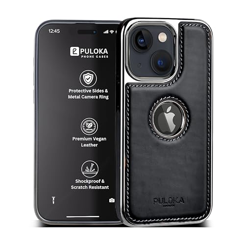 Image of PULOKA Chrome Leather Back Case - Compatible with iPhone 15 - Luxury Bumper Case - Flexible Vegan Leather - Electroplated Sides & Logocut - Full Camera Protetection & Raised Edges - (Black)