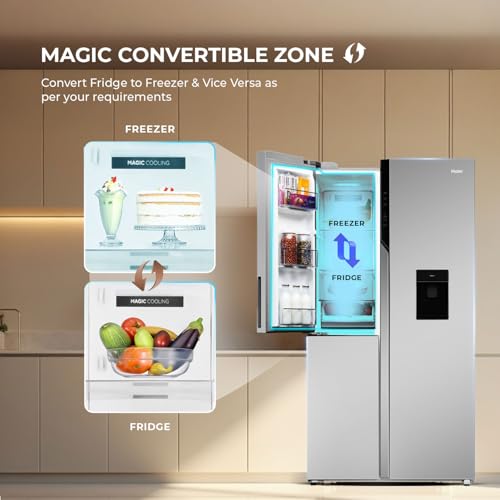 Image of Haier 592L 3Star 3-Door Water Dispenser Side by Side Frost Free Refrigerator|Convertible|Wi-Fi|Inverter|Digital Display Panel|Deo Fresh Technology (HRT-683WISU1, Inox Steel)