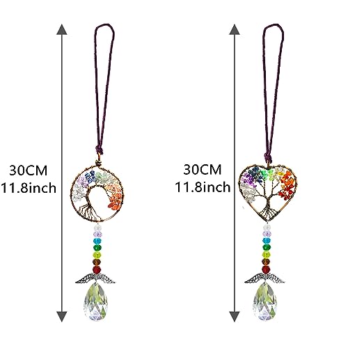 Healing Crystal Decor Tree of Life Car Hanging Accessories Suncatcher with Wings 7 Chakras Window Hanging Decor Meditation Ornaments Home Decoration (Heart+Round) - Image 2