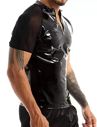 Image of AIEOE Men's Leather Metallic Shirts Shiny Slim Fit Stretch Top Wetlook Club Party Undershirts