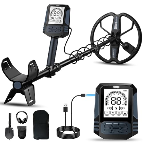 SUNPOW Wiederaufladbarer Metalldetektor für Erwachsene – 11' Dual-D-Spule, 35h Lithium-Akku, 10 Empfindlichkeitsstufen, 4 Suchmodi, 7-Metall-ID, IP68 Wasserdicht, mit Schaufel, Rucksack & Kopfhörer