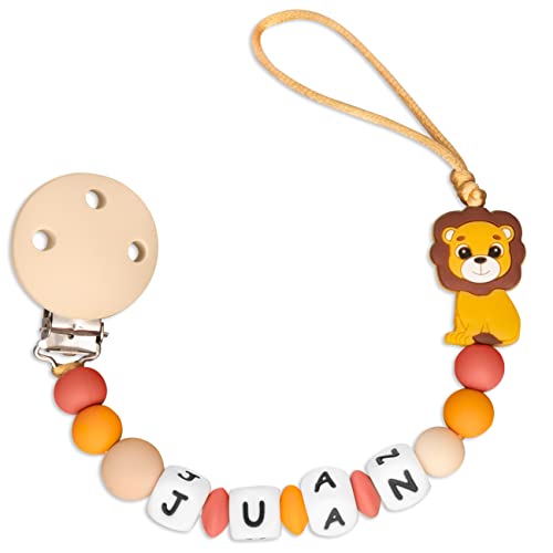BEBÉ MOON - Cadena para chupetes bebés personalizados con nombre - Seguro para recién nacidos - Para bebés +0 meses (LEON)
