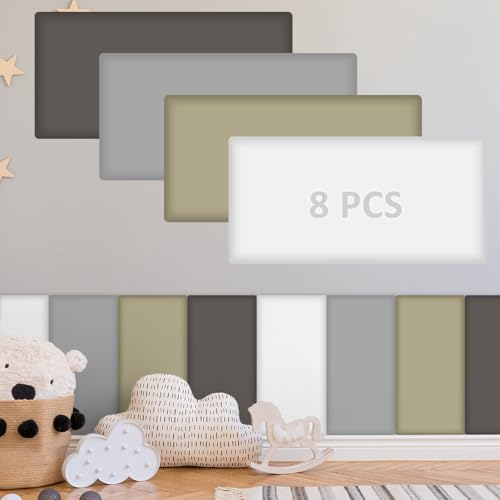 Hahafelt 8 Pack Wall Padding for Playroom Peel and Stick Headboard 15.75" x 7.87" x 1.18" 3D Anti Collision Upholstered Wall Panels Self Adhesive Headboard Panel for Protection (Gray Colors)