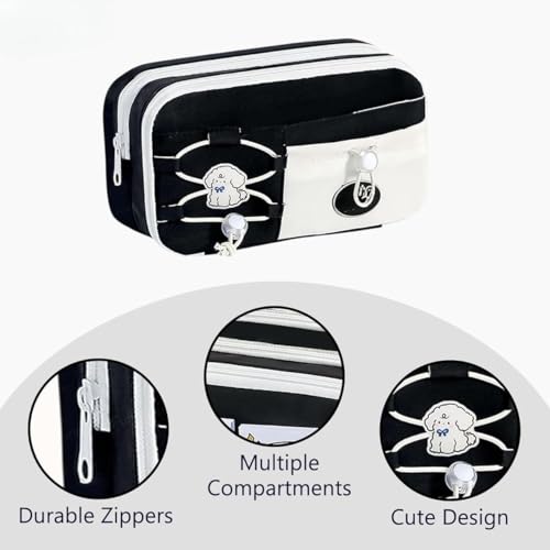 Image of Canvas School Bag Pencil Case, 3 Layer 6 Compartment Large Capacity, Aesthetic Pencil Pouch for Stationary, Cute Stationery for Kids, Pencil Case for Girls & Boys (Nice Day Black)