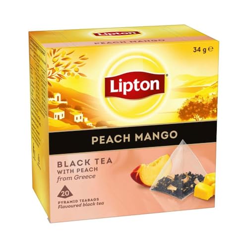 Lipton Black Tea Peach Mango | Peach Mango Flavoured with Real Fruit Pieces | for Hot or Cold | 20 Pyramid Tea Bags | Pack of 1