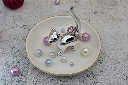 Exembe Silver Cat Ring Holder Jewelry Tray Trinket Dish 4" Diameter Platinum Kitty Shape #TOP4