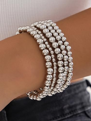 5Pcs Gold Beaded Bracelets 14K Gold Bracelets for Women Bracelet Stack Trendy Stretch Bead Bracelets Silver Bead Bracelet Dainty Jewelry for Women2