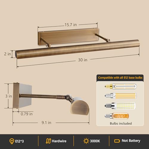 Image of 30 inch Picture Light for Wall, Hardwired Bronze Picture Light Art Light Non-Battery 270 Dimmable Vintage Picture Lights for Museum Library Display, Gold Gallery Art Light