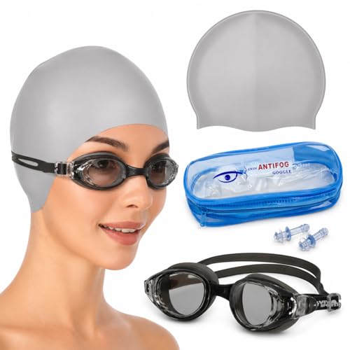Image of GLAN Swimming Kit with UV Protection and Anti Fog Swimming Goggles and Cap Set Ideal for All Age Group Pack of 1 (Grey Black)