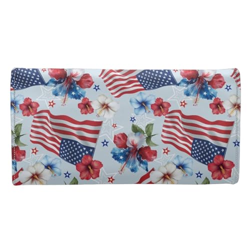 Image of AFPANQZ American Flag Flower Women's Leather Wallet Women Wallets, Soft Leather Trifold Large Capacity Ladies Travel Purse Dust Resistnt Wallet