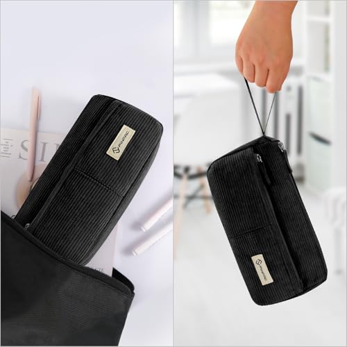 Image of FINPAC Pencil Case, Corduroy Triangle Makeup Bag, Kawaii Pen Bag Pouch Holder Box Organize for Study, Office, or Travel, Black