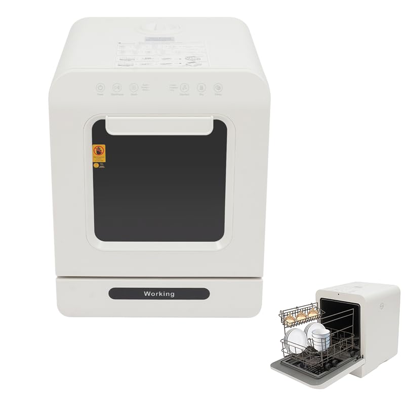 PERFERATE Portable Countertop Dishwasher with 3 Washing Programs Mini Dishwasher with 360° Dual Spray, 162°F High-Temp, Hot-Air Drying &amp; Disinfection Functions, Connected Faucet/No Hookup Use