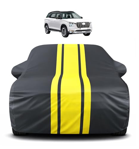 Image of Auto Hub Car Cover Compatible with Hyundai Alcazar with Mirror Pocket, Soft Cotton Lining, Alcazar Car Cover Waterproof - Yellow-Black