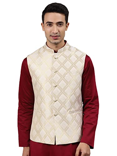 Image of MANQ Men Fawn Woven Jaquard Silk Nehru Jacket