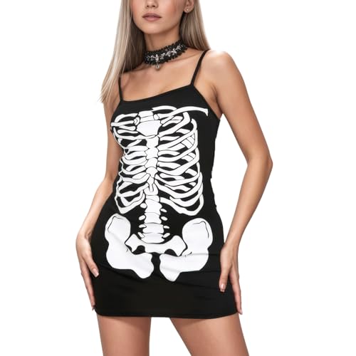 Women's Halloween Costume Skeleton Dress Sleeveless Stretchy Short Mini Dress