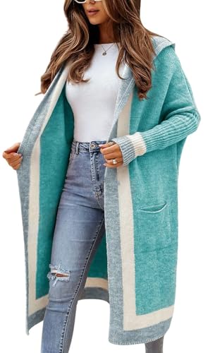 Image of utcoco Women's Oversized Hooded Cardigan Sweaters Color Block Open Front Long Sweater Coat Outwear with Pockets