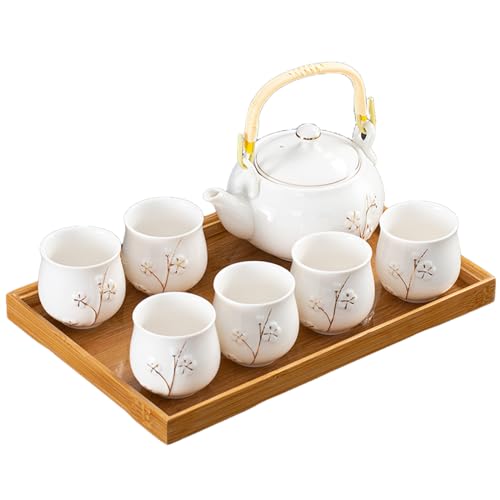 KEYDUACU Japanese Tea Set, White Ceramic Tea Set, Plum Blossom Embossed, Includes 1 Teapot (660ml), 6 Teacups,Tea Tray,Strainer, Can be used at home, outdoor, gift, Chinese Kung Fu Tea Set