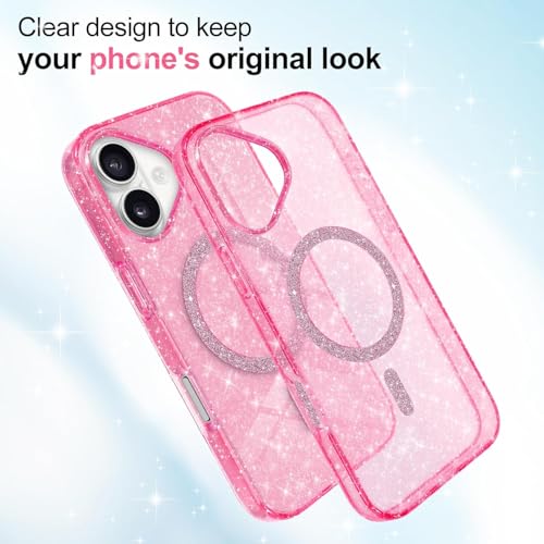 Image of mobistyle Magnetic for iPhone 16 Case, Clear Crystal Glitter 16 Phone Case Compatible with Mag-Safe, Shockproof Sparkly Cute Women Girl Cover for iPhone 16, Hot Pink Glitter