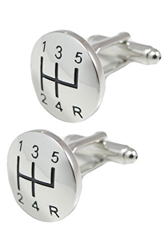 Boutons de Manchette - Avec Boîte - Pour Homme Voiture - Levier de Vitesse - Conception Ingénieuse - Laiton - Parfait Pour Les Amateurs De Voitures - Couleur Argent - Rond - Une Paire