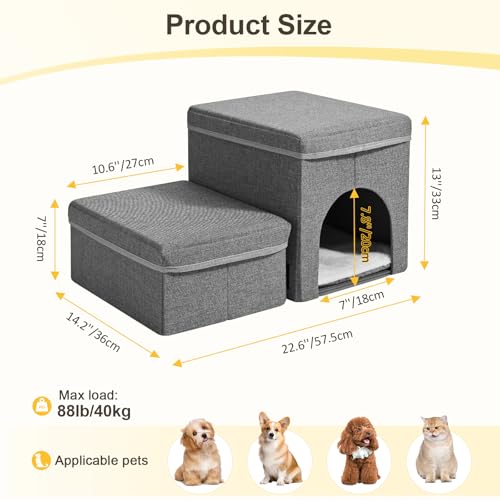 Couleeur Haustiertreppe für Hunde und Katzen,2 Stufen Hundetreppe,rutschfeste Hundetreppe für Kleine Hunde faltbar mit Stauraum für Katzen Dogs