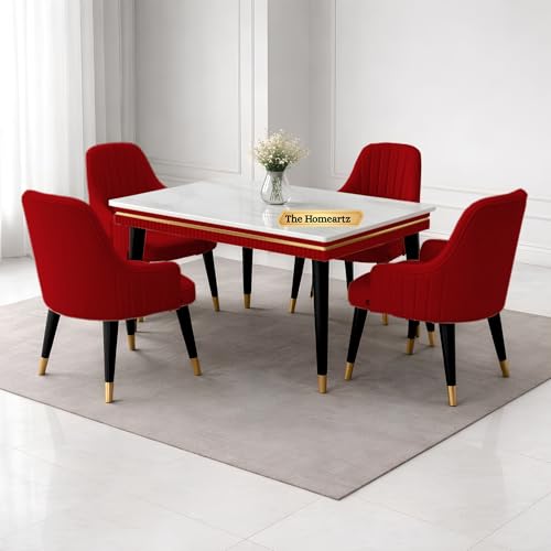 Image of Elara Modern Dining Table Set 4-Seater Wooden Dining Table Set | 1 Year Warranty | Nano Composite Marble Marble Top Table with 4 Chairs (Maroon)