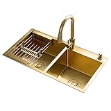 Doppelspülbecken für Küche, Apartment, Bar, großes Spülbecken für die Küche, goldener Edelstahl, handgefertigt, Badezimmer, Wasserbecken, leicht zu reinigen, Spülbecken (Farbe: Gold, Größe: 82 x 45