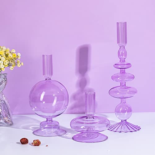 Rtteri 3 Pcs Glass Candlestick Holders Glass Taper Candle Holders Groovy Candlestick Wavy Glass Candlestick Holders Elegant Glass Candlestick Glass Vases For Home Party Centerpiece (Purple) #TOP4