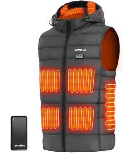 ORRNIKKO [2025 All-New Heated Vest for Men - 7.4V 16000mAh Battery Pack and Detachable Heated Hood, Mens Heated Vest，Dark Grey，X-Large