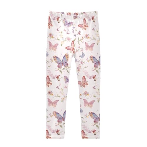 KLL Colorful Butterflies Pattern Little Girls Cotton Leggings Casual High Waisted Dance Pants Sports