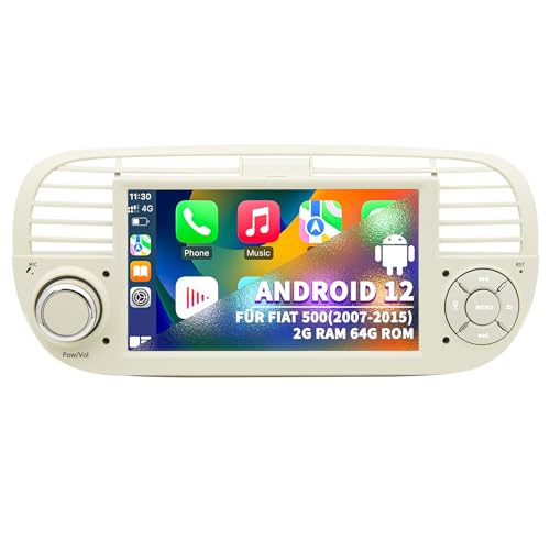 Autoradio pour Fiat 500 2007 2008 2009 2010 2011 2012 2013 2014 2015, Système Android 12 2G+64G avec GPS Navi CarPlay Android Auto, écran Tactile IPS 7 Pouces WiFi Bluetooth FM Commande au Volant